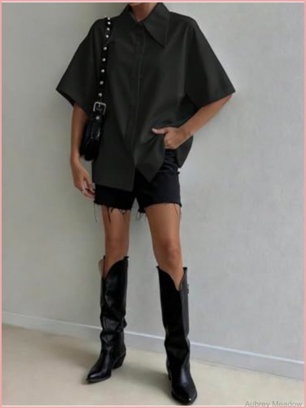 Oversize Collar Button Down Short Sleeve Work Blouse - Picture 4 of 4